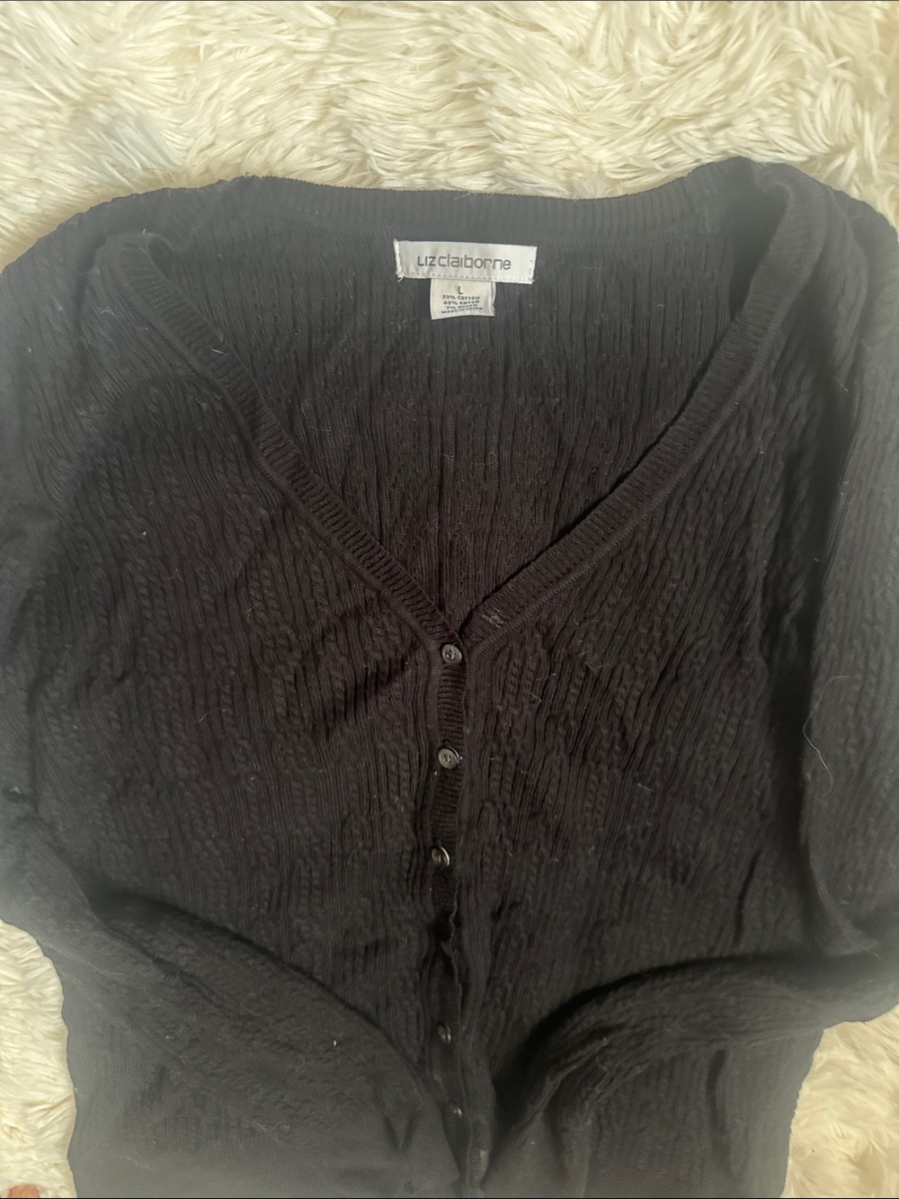 Liz Claiborne Black Textured V-Neck Button Cardigan